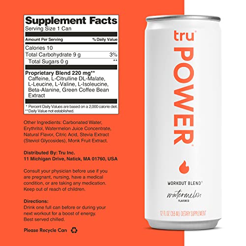 Tru Power Sparkling Water, Keto Pre Workout Energy Drinks with BCAA and