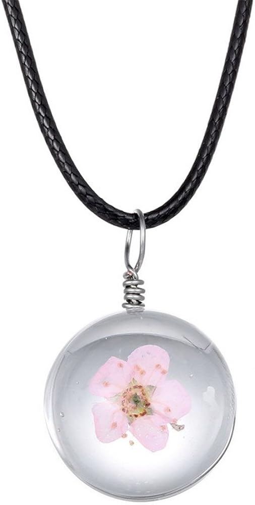 PMTIER Womens Dried Pressed Flower Pendant Peach Blossom in Glass Ball Necklace with Leather Chain