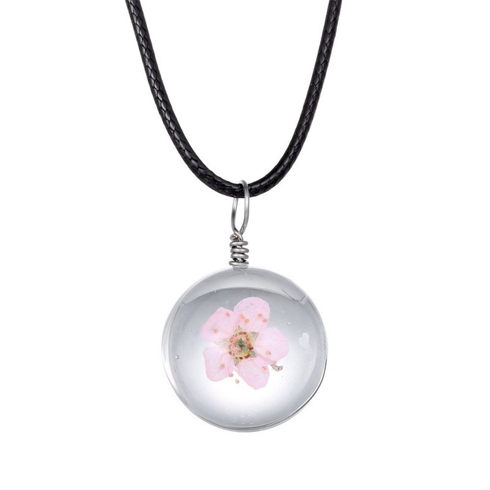 PMTIER Womens Dried Pressed Flower Pendant Peach Blossom in Glass Ball Necklace with Leather Chain