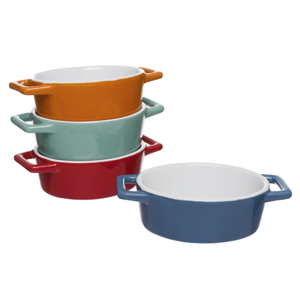 Invero® 4X Set of Mini Stoneware Oval Coloured Small Oven to Table Baking Dish Ideal for Pies, Tarts, Quiches, Casseroles and More