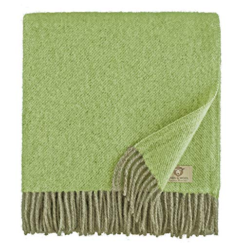 Linen & Cotton Soft Thick Wool Throw/Blanket Columbus - 100% Pure New Zealand Wool, Green/Beige (140 x 200cm) Travel/Warm Plaid for Sofa Bed Couch Settee Bedspread Single Double Lambswool