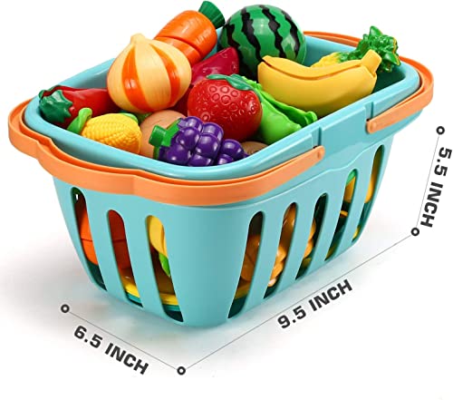 46 PCS Cutting Play Food Toy for Kids Kitchen, Pretend Fruit &Vegetables Accessories with Shopping Storage Basket, Plastic Mini Dishes and Knife, Educational Toy for Toddler Children Birthday Gift
