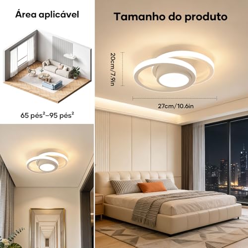 Trailabo Luminária LED de Teto, Luminária Redonda + Duas Fitas de Luz Circulares, Iluminação Ajustável em Três Cores, para Sala e Quarto, 3000-6000K (Branco) (Branco)