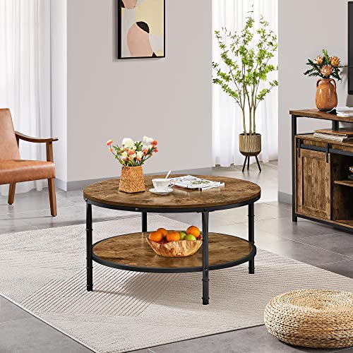 Yaheetech Round Coffee Table, Industrial Coffee Table with Shelf, 2Tier Cocktail Tea Table for