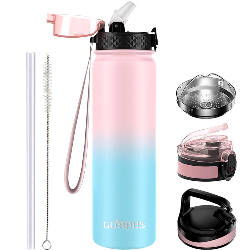 GOPPUS 1L/32oz Stainless Water Bottle with Straw Double Wall Insulated Bottles with Strap Reusable Vacuum Thermal Flask Leakproof Keep Cold Drinks Bottles with Flip Top Lid for Gym Men Women BPA Free