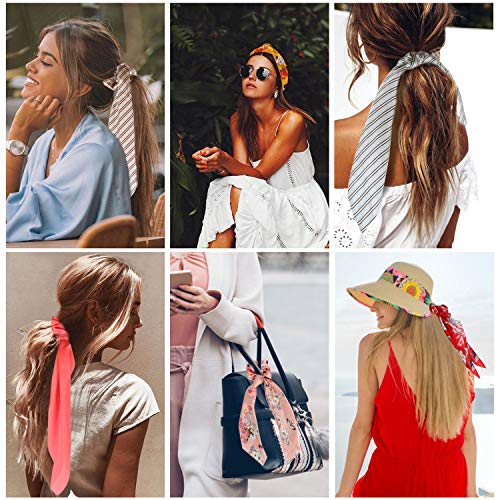 Silk Satin Hair Scrunchies Scarf, 12 Pcs Ribbon Bow Scrunchies, Soft Scarf Hair Ties Bowknot Ponytail Holder for Women Girls, Including 4 Solid Colors & 4 Stripe Styles & 4 Flower Pattern