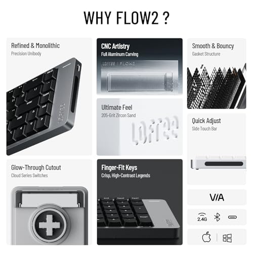 LOFREE Flow2 Teclado mecánico de perfil bajo, cuerpo de aluminio CNC con montaje en junta, inalámbrico de tres modos, intercambiable en caliente y compatible con VIA, barra táctil lateral, para Mac