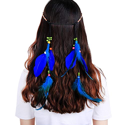 Feather Headband Hippie Indian Boho Hair Bands Tassel Bohemian Halloween Hair Hoop Women Girls Crown Hairband Party Decoration Headdress Cosplay Costume Headwear Headpiece Hair Accessories Blue