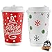 24 Piece 16 Oz Disposable Christmas Coffee Cups Set With Plastic Lids, Festive Designs, Party Giveaways, Party Favors