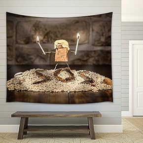 Concept Stranded on Island, Wine Cork Figures - Fabric Wall Tapestry Home Decor - 51x60 inches
