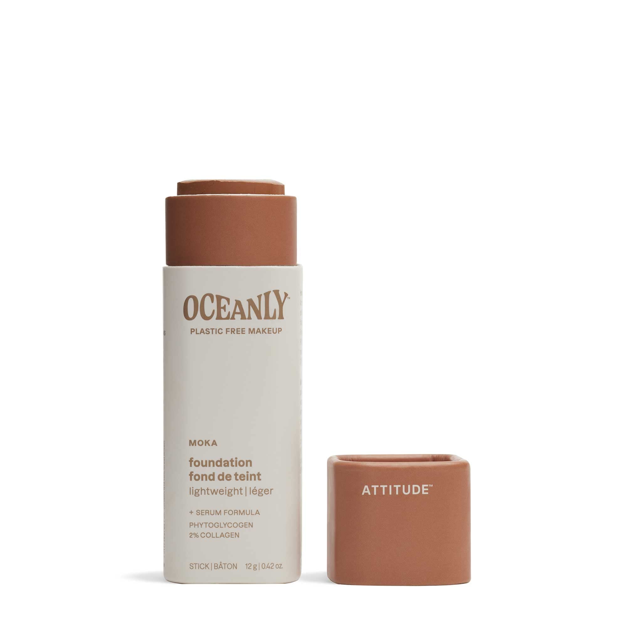 ATTITUDE Oceanly Plastic-Free Light Coverage Foundation Stick, Titanium Dioxide-Free, EWG Verified, Vegan Makeup, Moka, 12 grams