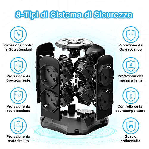 TOPREK Vertical Power Strip with 8 Universal Sockets ITA 10/16A and Schuko and 2 Type C and 2 Type A (USB-C1 20W PD3.0 Quick Charge), 4000W/16A, Power Strip with Switch, 2M Cable, 16A Plug, Black