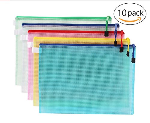 10 pcs A4 Zip File Folder Bag Waterproof Zipper Bag Mesh Document Bag Storage Pouch with Zipper - for Office Supplies, Family, School, Travel Storage Bags - 5 Colors Red, Blue, Yellow, Green, Clear