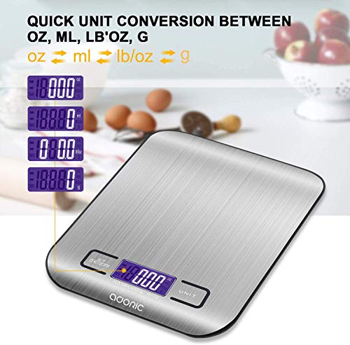 ADORIC-Bscula-Digital-para-Cocina-de-Acero-Inoxidable-5kg-11-lbs-Balanza-de-Alimentos-Multifuncional-Peso-de-Cocina-Color-Plata-Bateras-Incluidas