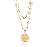 Jynselle M Necklace Gold - 14K Gold Plated Dainty Layering Paperclip Link Chain, Coin Initial Gold M Necklace for Women Christmas Birthday Gifts Stocking Stuffers