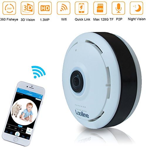 Fisheye Panoramic IP Camera,Looline 360 Degree Wireless Home Security Camera 1.3 Megapixel 3D View Wifi Hidden Camera 2.4GHZ Ceiling Monitoring with Night Vision 2-Way Audio for Baby/Pet safe