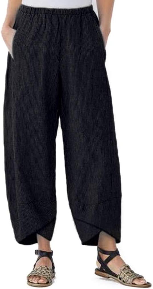 Fashion Womens Casual Solid Pocket Elastic Waist Loose Linen Pants Trousers