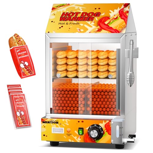 WantJoin Hot Dog Steamer - 28.8QT Commercial Electric Hot Dog Steamer with Bun Warmer, Glass Sliding Door Steaming Machine Adjustable Temperature for 175 Hot Dogs and 40 Buns