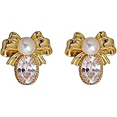 Cute CZ Pearl Bow Stud Earrings for Women Gold-Toned 925 Sterling Silver Post Pin Oval Cubic Zirconia Bowknot Studs Earring Delicate Samll Shell Pearl Wedding Party Jewelry