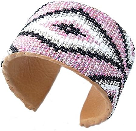 La ViviaHandmade Beaded Indian Fashion Jewelry Pink Black Native Bead work Leather Cuff Bracelet