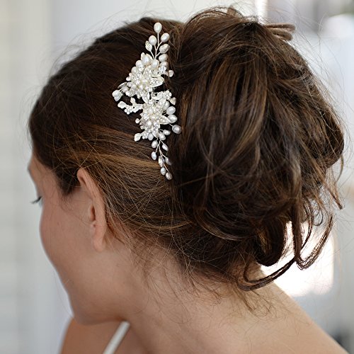 Mariell Genuine Freshwater Pearl Wedding Hair Comb - Designer Bridal Headpiece with Crystal Sprays