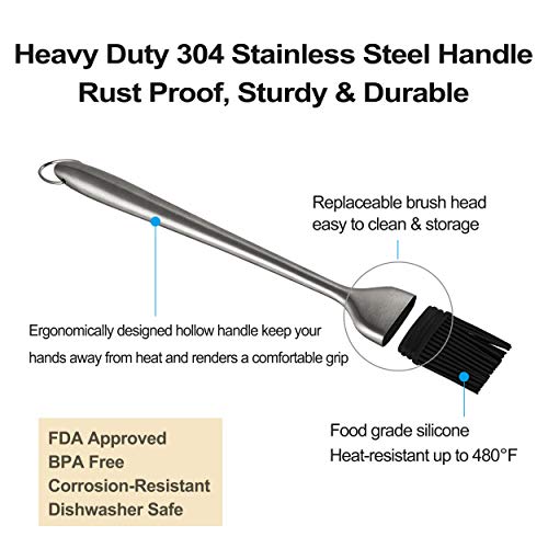 VOXLOVA Basting Brush, BBQ Grilling Pastry Brush - Food Grade 304 Stainless Steel Handles with Back up Silicone Brush Heads, for Kitchen Cooking, Marinating, Baking