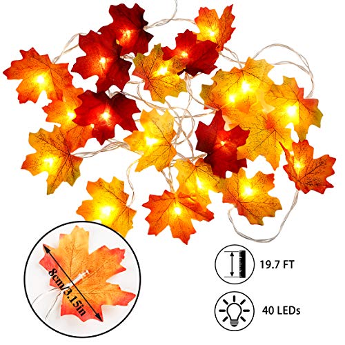 HUBORLOVES Thanksgiving Fall Marple Leaves Decorations Fairy String Lights with Remote 0 ft 40 LED 3 AA Battery Operated Marple Leaf Light for Indoor Outdoor Bedroom Holiday Party Halloween Decor