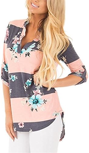 YOUHUA Women Deep V Neck 3 4 Sleeve Floral Print Casual Loose Long Shirt(HY0628-pink grey-M)