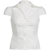 Women's Basic Button Down Shirts Cap Sleeve Lapel Collar Tight Blouse Tie Up Back Slim Fit Tops Summer Office Shirt