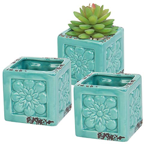 Set of 3 Rustic Style Turquoise Ceramic Floral Design Succulent Plant Pots/Mini Herb & Cacti Planters