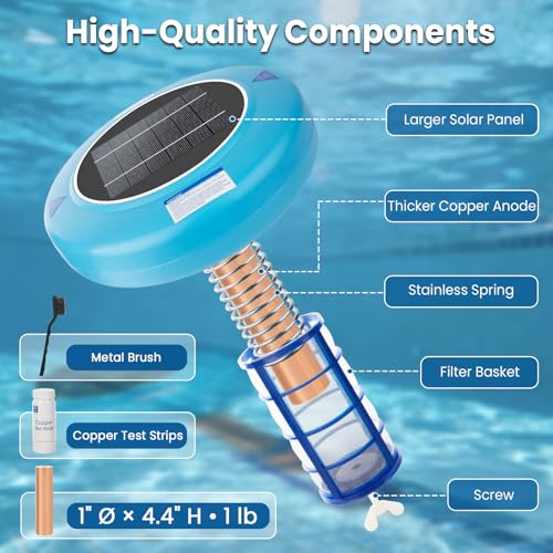 Solar Pool Ionizer for Above Ground & Inground Pools Up to 45,000 Gallons – Easy Pool Maintenance with Oversized Solar Panel & Thick Copper Anode, Clear Water Support