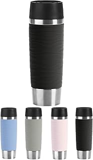 Emsa N2011900 Travel Mug Wave-Design Thermobecher/Isolierbecher (500 ml, hält 6h heiß/ 12h kalt, 100% dicht, auslaufsicher, Easy Quick-Press-Verschluss, 360°-Trinköffnung) schwarz