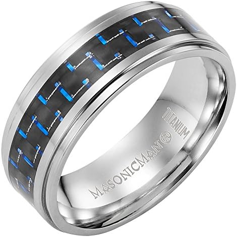 MasonicMan Titanium Masonic Ring with Latin Engraving and Blue Carbon Fiber In Free Black Velvet Ring Box