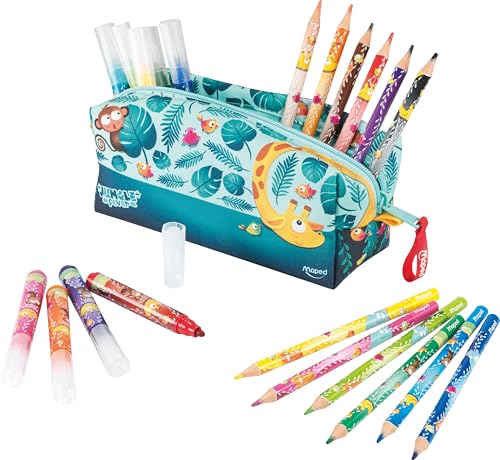 Maped Jungle Fever Pencils Case Suppplied with 12 Felt Pens + 12 Jumbo Colouring Pencils - Creativity and Colour for Toddlers - Suitable for Children Age 2+