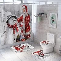 Fasclot Christmas Decoration Bathroom Mat Set of 4 Piece,Non-Slip Bath Mat+ U-Shaped Contour Mat+ Shower Curtain+ Toilet Seat Cover Santa Print for Festival Home Decor Xmas Gift