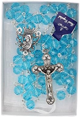 Bundle: 8mm Aqua Aquamarine Crystal Bead Rosary with Organza Storage Bag