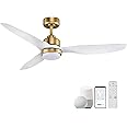 52 Inch Smart Ceiling Fans with Lights and Remote,Dimmable LED Light,Outdoor Indoor Gold White Ceiling Fan,Quiet DC Motor,High CFM 6 Speed,WIFI Alexa App Workable,for Bedroom Living Room Patio