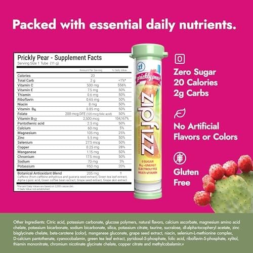 ZIPFIZZ DAILY ENERGY DRINK POWDER, PRICKLY PEAR, 20 PACK | 3-IN-1 SUSTAINED ENERGY, RAPID HYDRATION, AND ESSENTIAL VITAMINS | SUGAR-FREE | ELECTROLYTE POWDER | CONTAINS VITAMIN B-12 & ANTIOXIDANTS