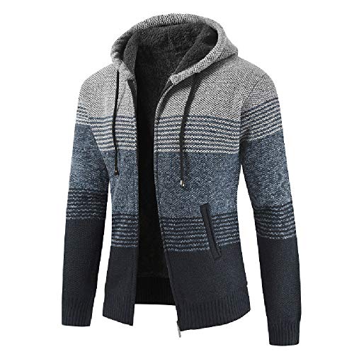 Autumn Winter Packwork Hooded Zipper Jacket Knit Cardigan Long Sleeve Coat Men Gray