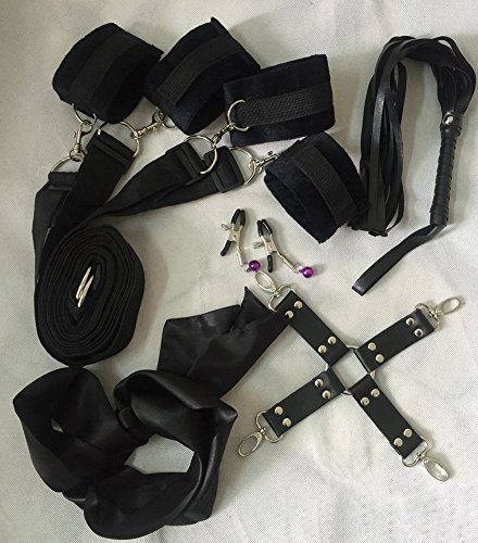 Handcuffs - Under Bed System (5 in 1) - Hand Cuffs Set Including Soft Adjustable Hand Ankle Wrist Leg Cuffs, Eye Mask Blindfold & Other Fun Toys - Handcuffs For Women Men (Black)