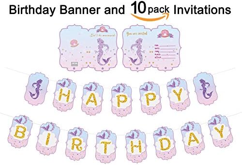 Mermaid Happy Birthday Banner and 10pcs Mermaid Party Invitations with Free Envelopes