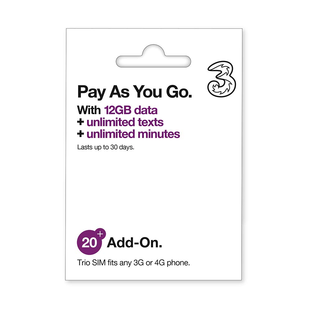 Three 12 GB Data Pay As You Go SIM