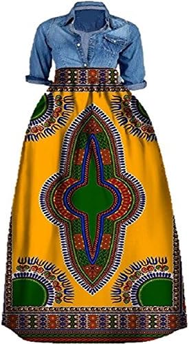 Shele Women's African Print Dashiki Long Maxi A Line High Waist Skirt Ball Gown(M-5XL)