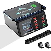 USB Charger Hub ASOMETECH 100W 8-Port Desktop Multiple USB Charging Station | USB C &amp; USB A,Wireless Charger, LCD Display Fast USB C Charger for iPhone 12, Tablet and More