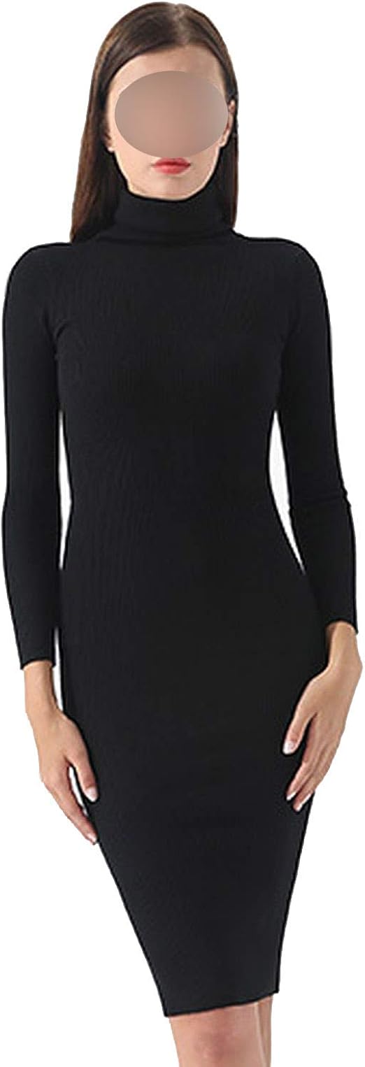 Women Warm Knitted Dresses Black Vintage Winter Long Sleeve Dress at