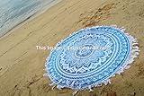 Blue Ombre Round Mandala Beach Towel Tassel Fringing Beach Throw Roundie Yoga Mat Table Cloth Wall Tapestries