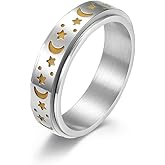 SeiMios Luminous Fidget Ring for Anxiety Stainless Steel Glow in the Dark Sun Moon Star Spinner Ring for Men/Women Size 8