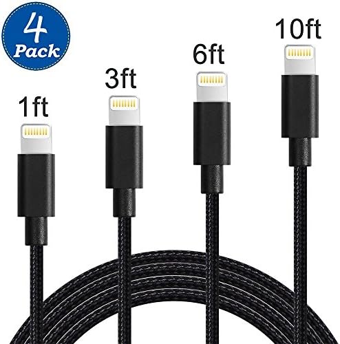 iPhone Charger,LQQL 4 Pack(1ft 3ft 6ft 10ft) Lightning Charging Cable, Multi Safety Defense, Nylon Braided, Ultra Durable, for iPhone X / 8 /8 Plus/ 7/7 Plus /6 /6 Plus/5s-black