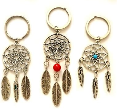 3 pcs Silver Stone Pendant Feather Dream Catcher Charm Pendant Key Chain Ring Gift