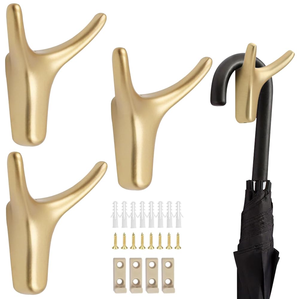 KUIZHEN Double Prong Robe Hooks, 4 Pcs Dual Coat Wall Mounted With Screws for Heavy Duty, Bathroom Bedroom Door Wall - Gold